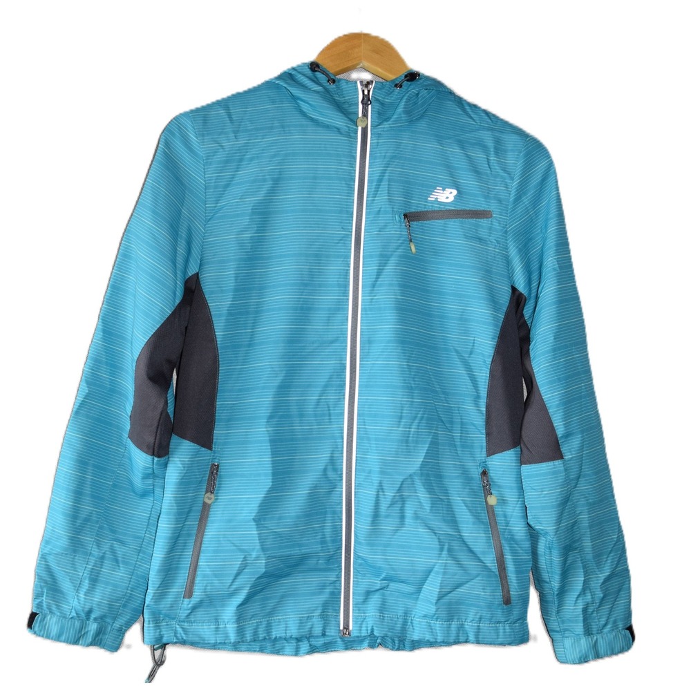 New Balance Windbreaker Jacket Women S Teal Blue Striped Hooded Full Zip Exc